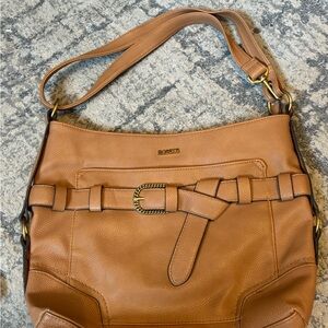 Rosetti Cognac Leather Shoulder Bag with Decorative Belt and Gold-Tone Buckle